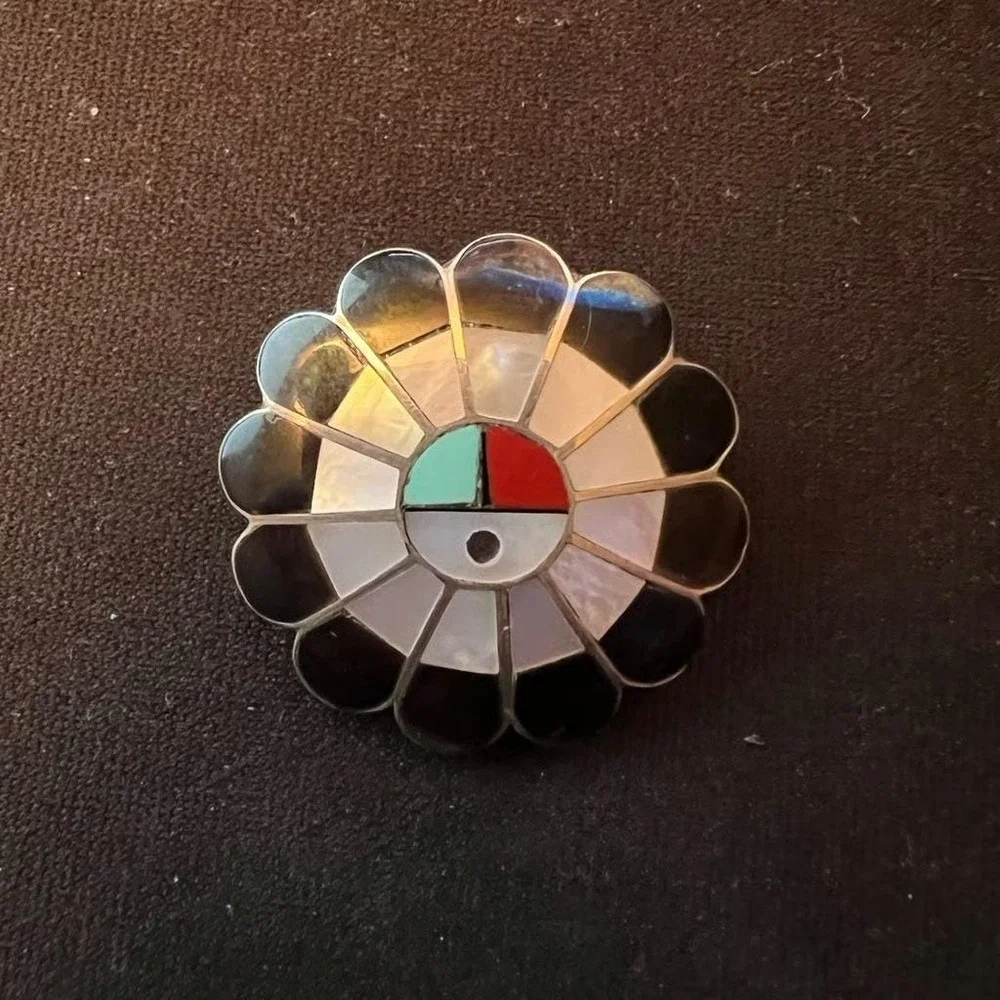 Zuni Sunface Sterling Silver Inlay Pendant Brooch Pin Mother of Pearl EDS Signed